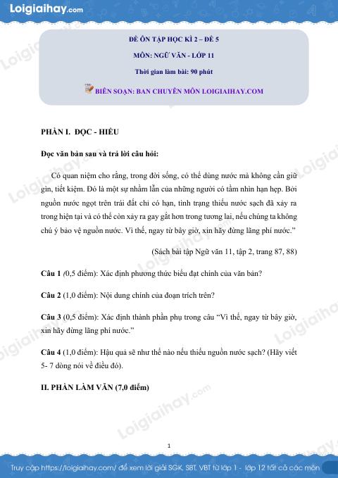 Đề số 5 - Đề kiểm tra học kì 2 - Ngữ văn 11